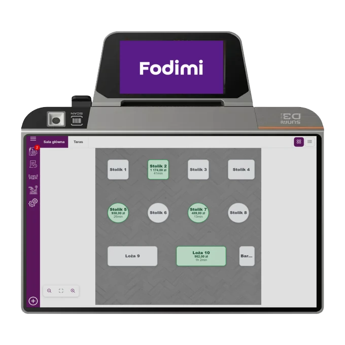Sunmi D3 Mini z Fodimi POS – mapa stolików i ekran klienta z logo Fodimi