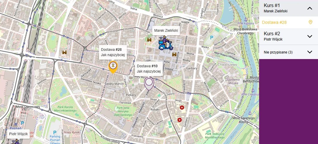 Mapa kurierów w Fodimi POS: pozycje kierowców, adresy dostaw i lista kursów